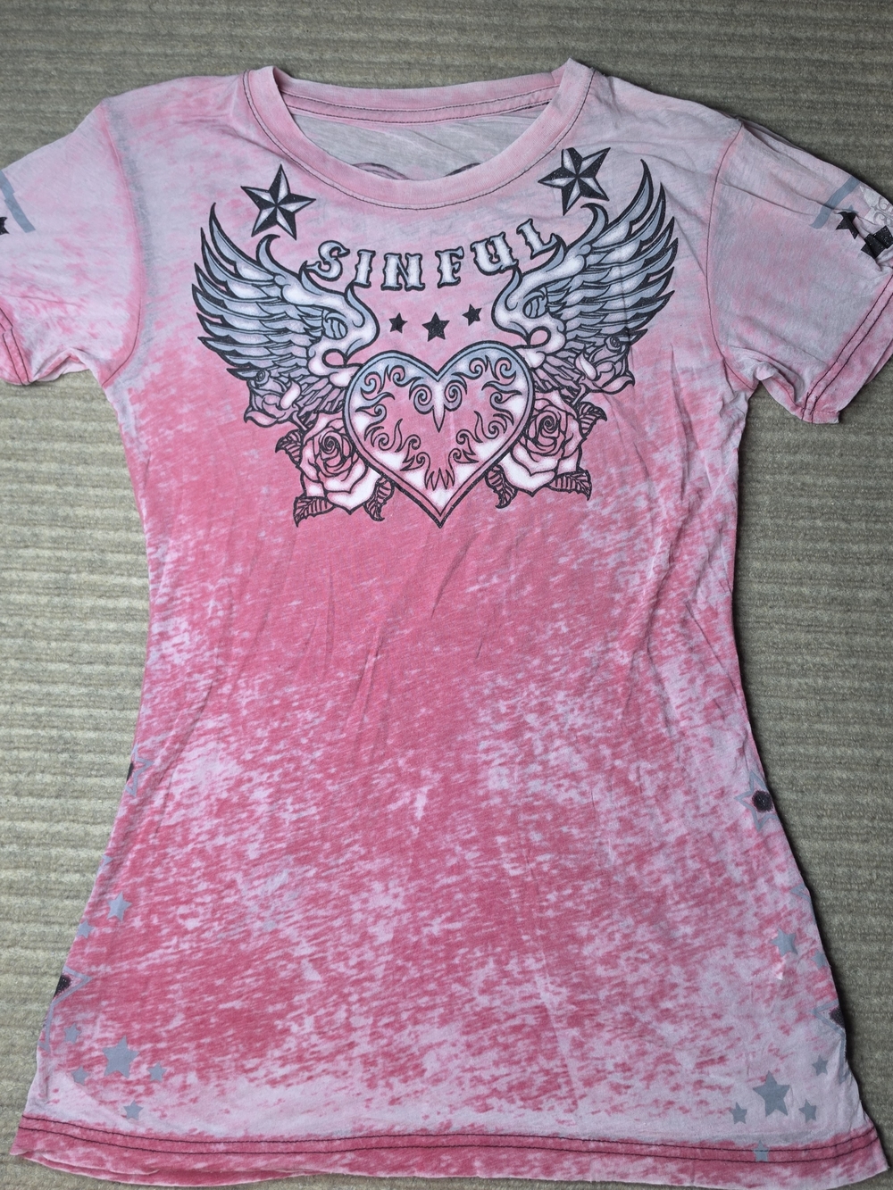 Sinful by Affliction Pink Gothic Angel Wings  Shirt Womens Large Y2K Vintage